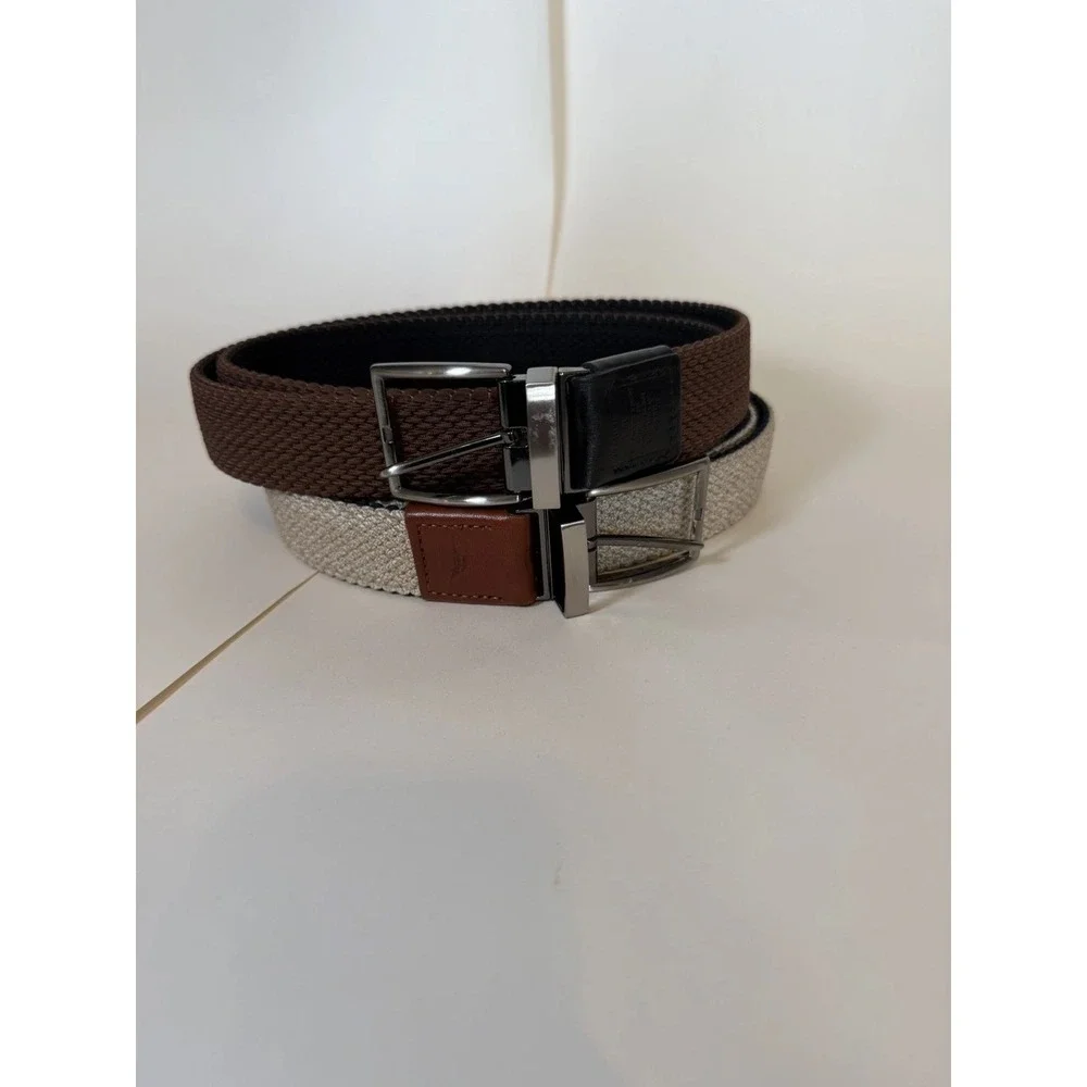 2- TOMMY BAHAMA MENS REVERSIBLE BELT | G13 L/XL (42-44) Stretch Black, Blue, Tan